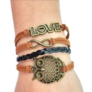 3/$20 Womens Infinity Love Owl Stack Bracelet Brown Black Adjustable Jewelry
